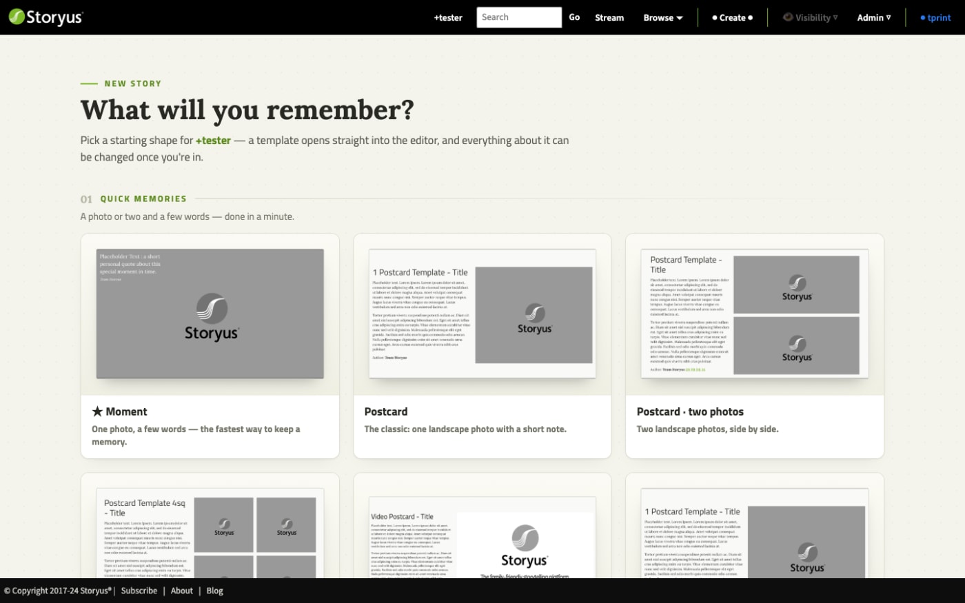 The All templates gallery: every story form with a one-line description