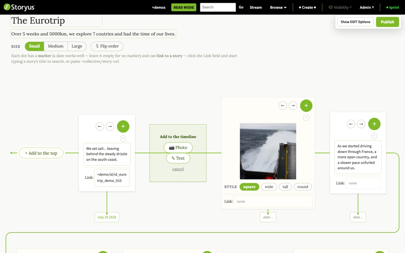 The Join the Dots editor with the add slot open, offering Photo or Text, amid real timeline cards with date markers and link fields