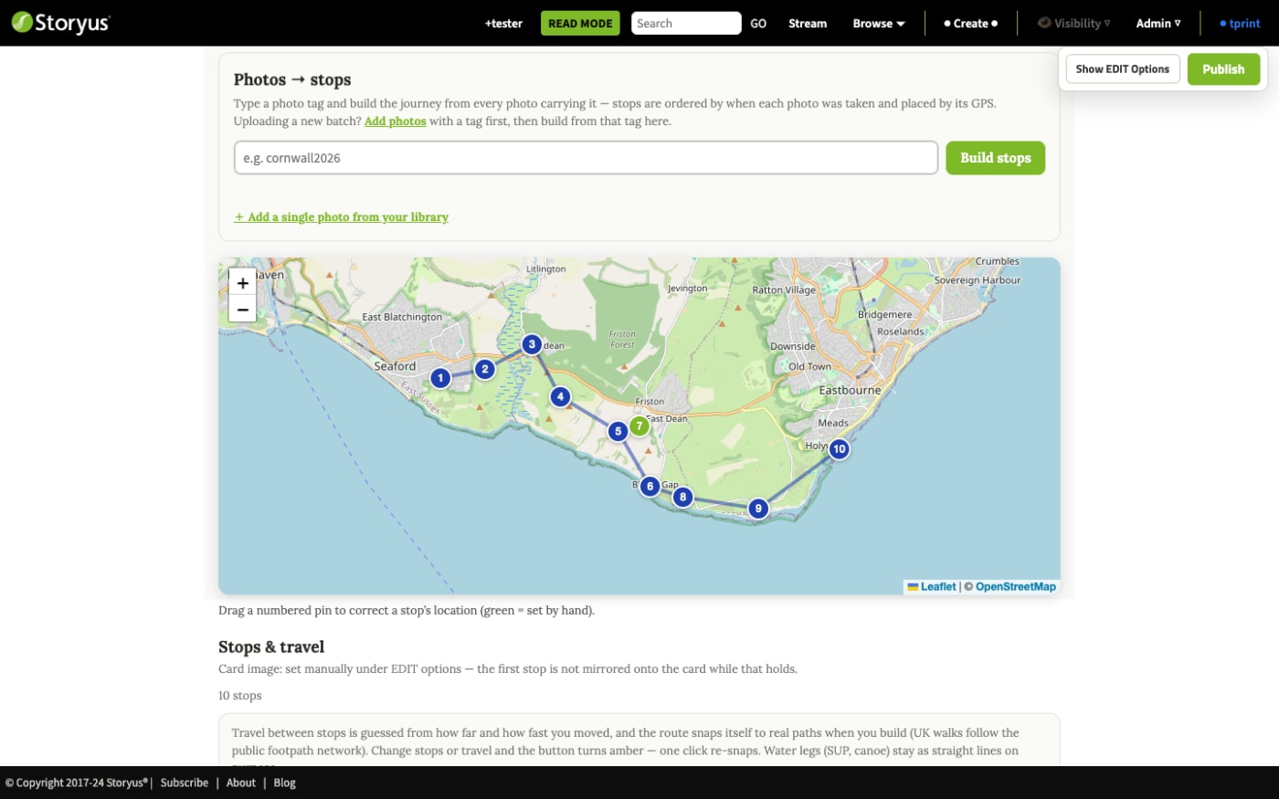 The Journey editor: the photos-to-stops tag builder, and a coastal map with ten numbered pins along the route