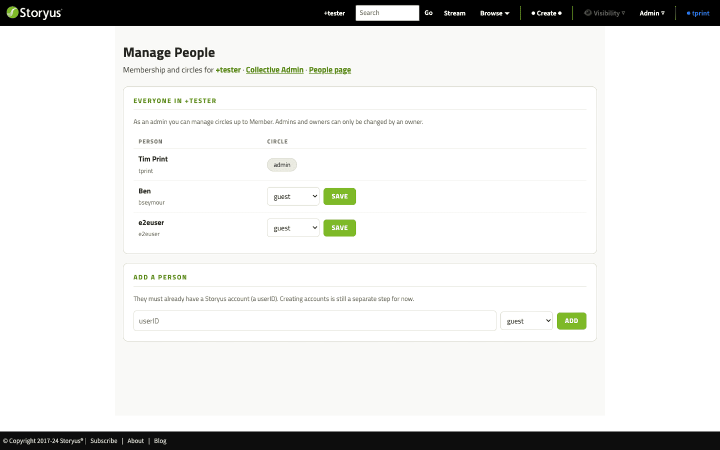 The People admin page: the collective's members with their roles, and controls to add, change or remove