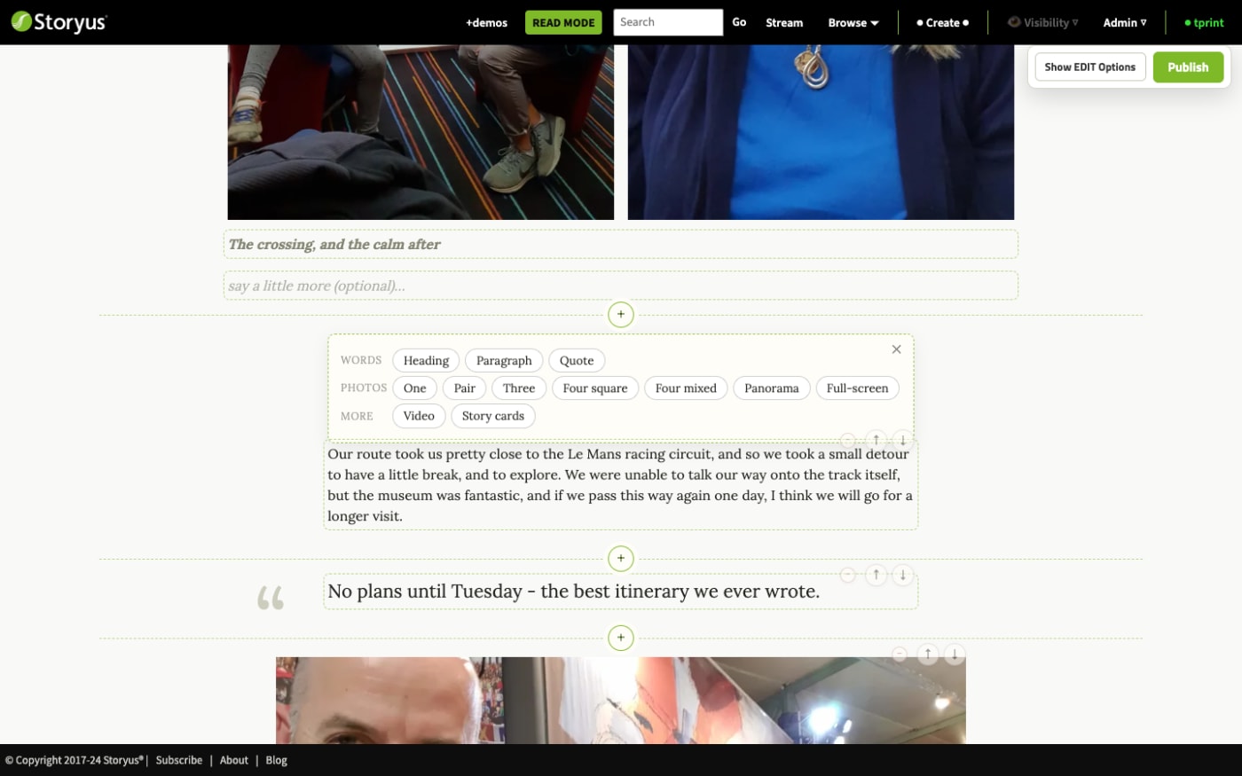 The essay editor with an insert slot open between blocks, offering Words (Heading, Paragraph, Quote), Photos (One, Pair, Three, Four square, Four mixed, Panorama, Full-screen) and More (Video, Story cards)