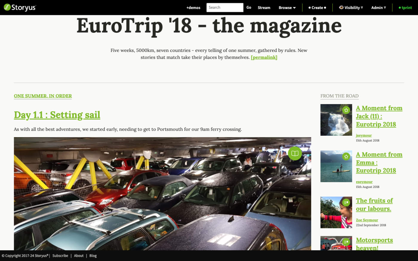 A real Storyus magazine: one family trip curated into a front page with a main story, a side rail of moments, and sections that fill themselves