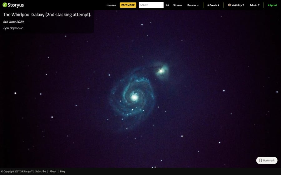 The finished Moment page: the Whirlpool Galaxy photograph with its title overlaid