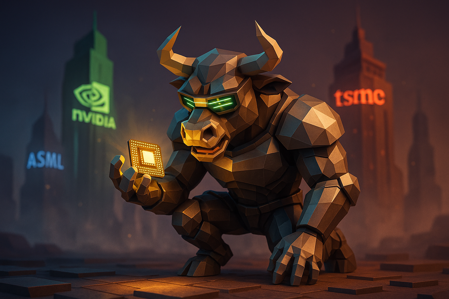 Futuristic bull holding a microchip with NVIDIA, TSMC, and ASML logos glowing in the background – symbol of the semiconductor boom