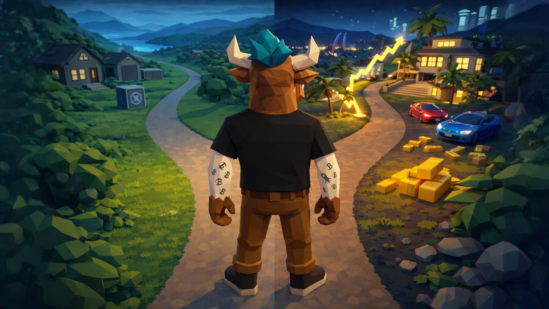 Low-poly illustration of an investor choosing between saving and investing paths