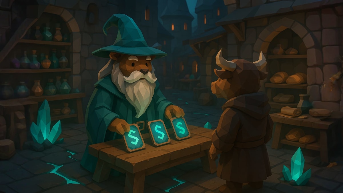 Low-poly bear wizard presenting three glowing “S” rating cards to a bull student, representing Stoxcraft stock scoring and analysis.