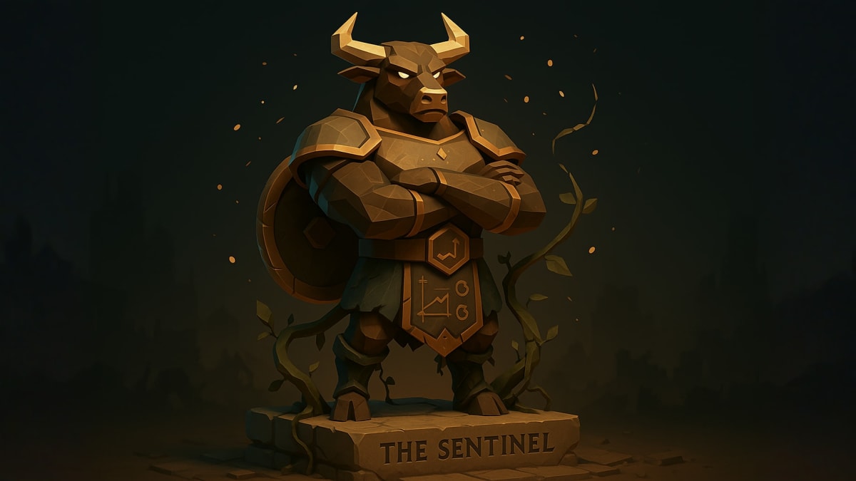 Low-poly Stoxcraft character statue on a pedestal, representing strategy-first investing and repeatable decision-making for long-term returns.
