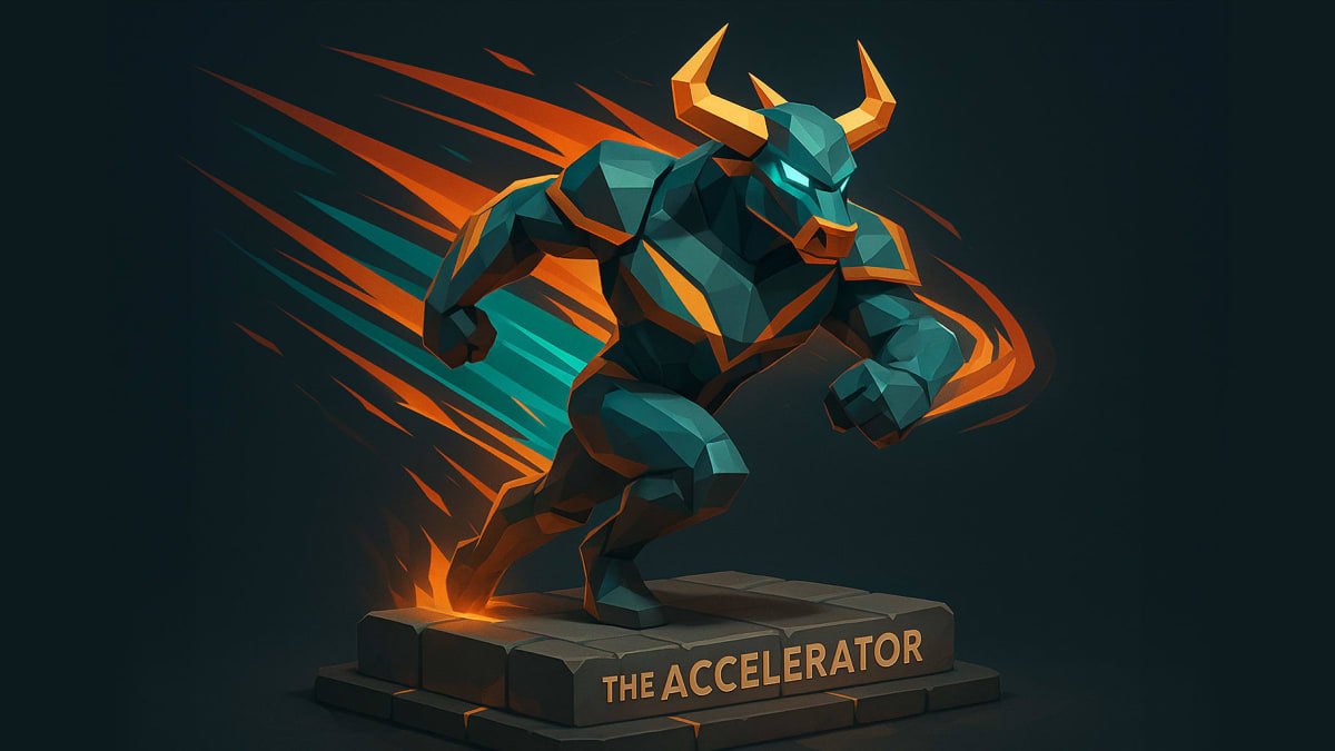 Low-poly bull sprinting on a pedestal labeled “The Accelerator”, representing momentum investing and accelerating portfolio growth.