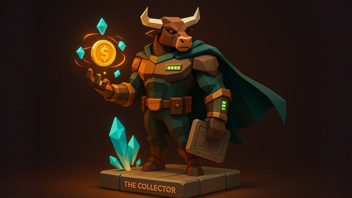 Low-poly bull hero conjuring a glowing coin labeled “The Collector”, representing saving, compounding, and building wealth through investing.