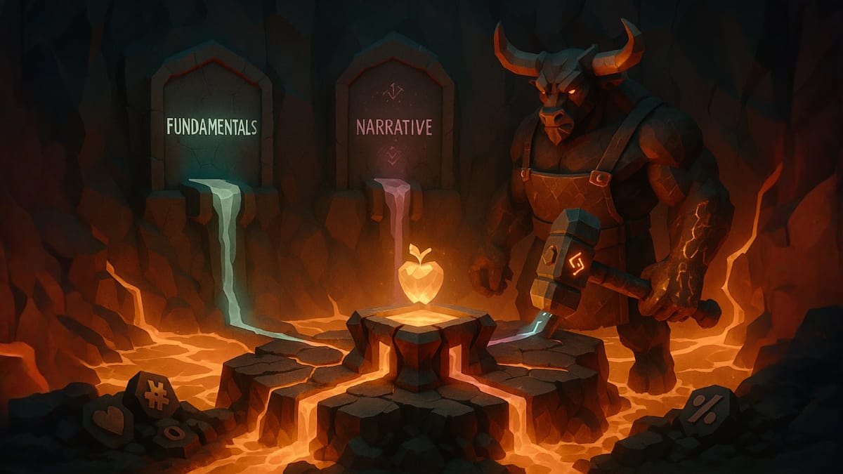 Low-poly bull blacksmith choosing between “Fundamentals” and “Narrative” in a lava forge, representing analysis vs hype in investing.