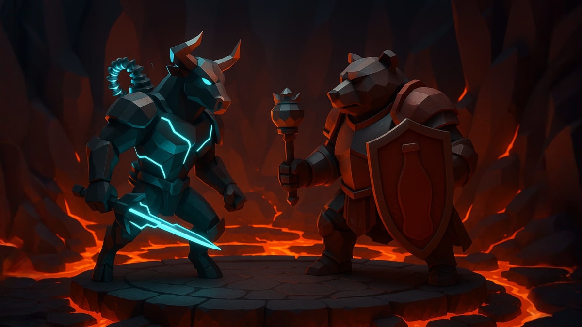 Low-poly bull and bear warriors facing off on a lava platform, representing bull vs bear markets and managing volatility in investing.
