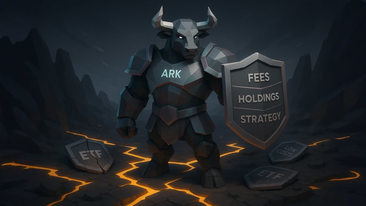 Low-poly bull labeled ARK holding a shield “Fees, Holdings, Strategy” beside ETF stones, representing fund selection and costs.