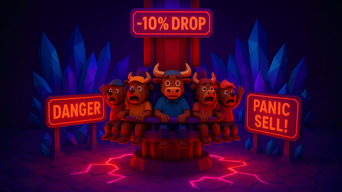 Low-poly bull choosing between safe and risky paths with signs and icons, representing risk vs reward in beginner investing.