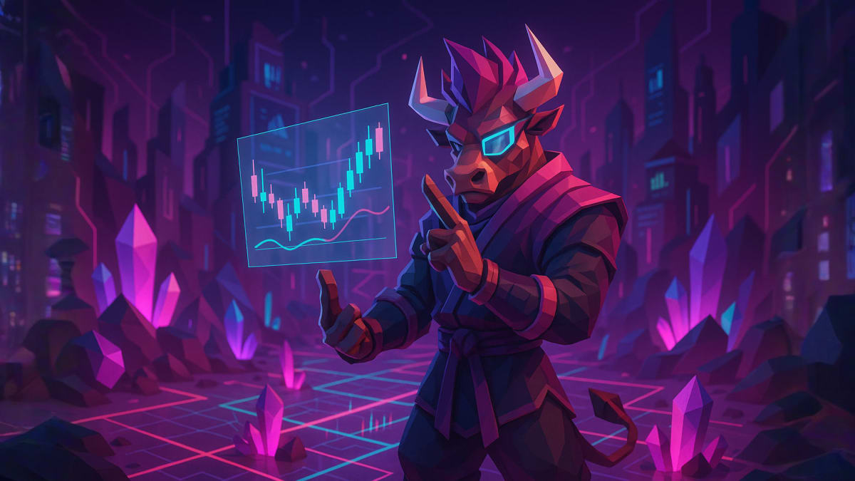 Low-poly neon bull warrior posing with glowing armor, representing high-conviction investing focus and Stoxcraft hero character.