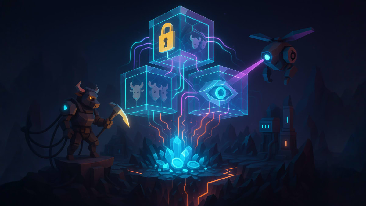 Low-poly bull explorer facing glowing blockchain cubes with lock and security eye, representing crypto and blockchain security concepts.