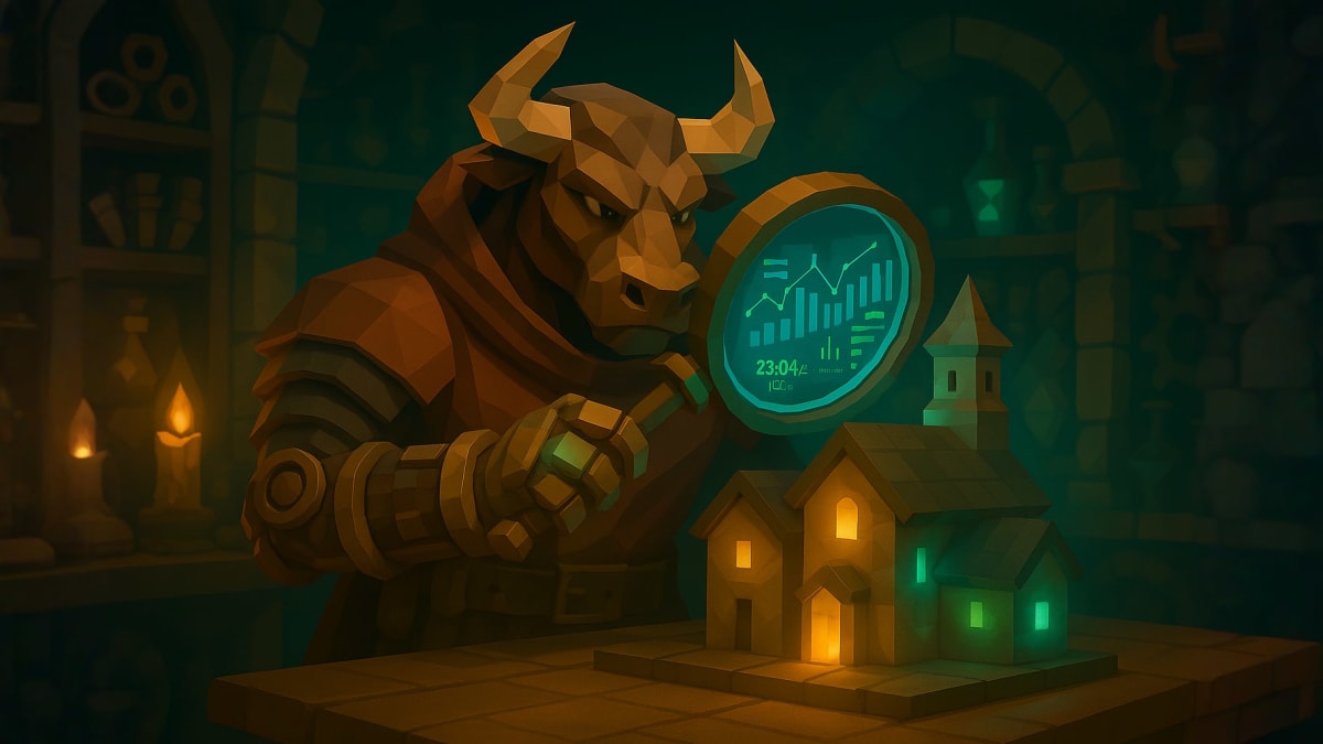 Low-poly bull checking correlations between asset cards, representing diversification benefits and reducing portfolio concentration.