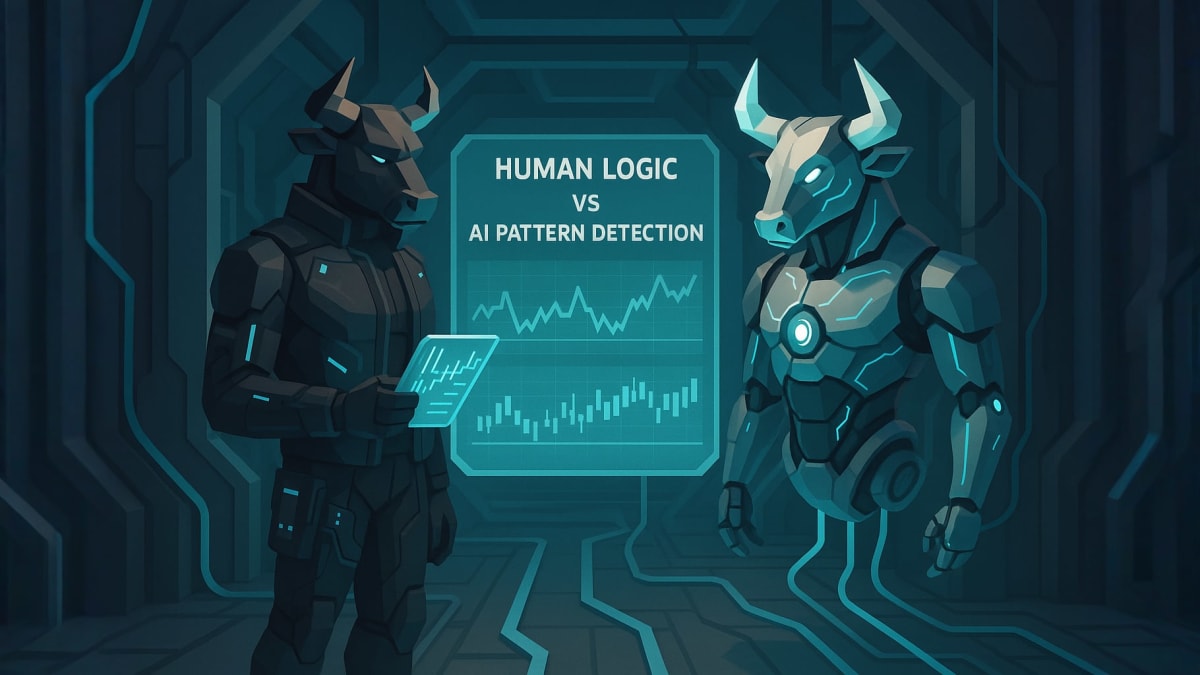 Low-poly bull reacting to headlines and alerts near a chart, representing market news, sentiment, and hype cycles.