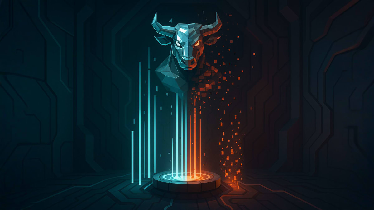 Low-poly bull spotting a rumor bubble versus facts board, representing due diligence and filtering market noise.