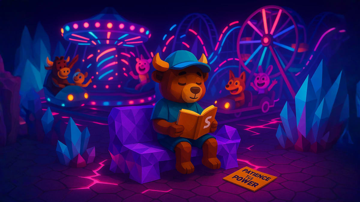 Low-poly bull earning a glowing skill badge, representing mastering investing basics, stock market fundamentals, and learning progress.