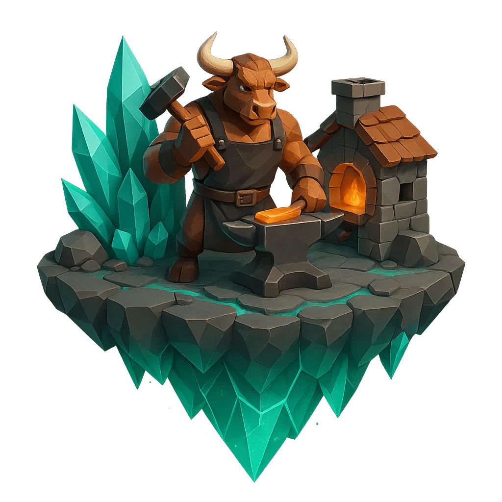 Low-poly bull blacksmith hammering a glowing metal bar on an anvil beside a forge, representing Stoxcraft investing skills and portfolio building.