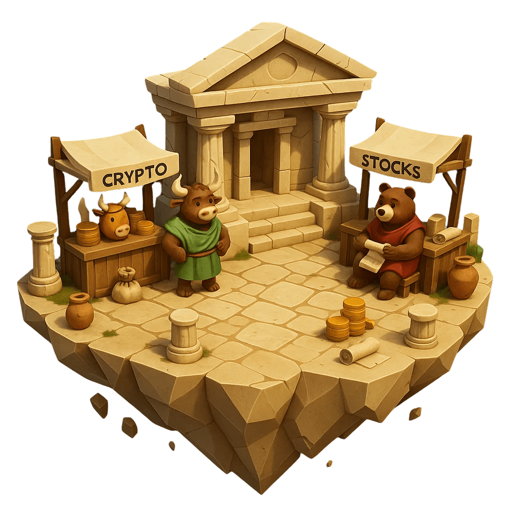 Low-poly marketplace with “Crypto” and “Stocks” stalls and bull and bear traders, representing financial markets, asset classes, and investment products.
