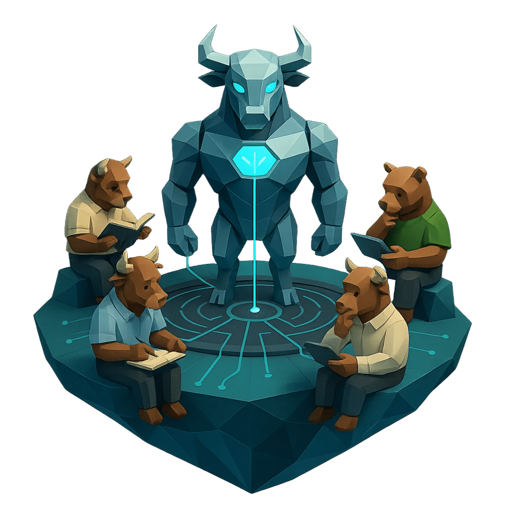 Low-poly robot bull standing on a circuit platform while bull and bear investors analyze tablets, representing AI investing, stock analysis, and algorithmic trading insights.
