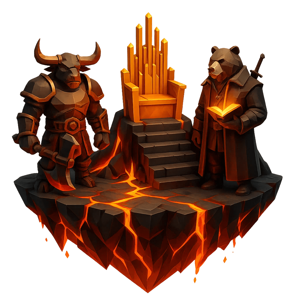 Low-poly bull warrior and bear sage standing by a golden throne on a lava island, representing investing mastery, long-term goals, and financial independence.