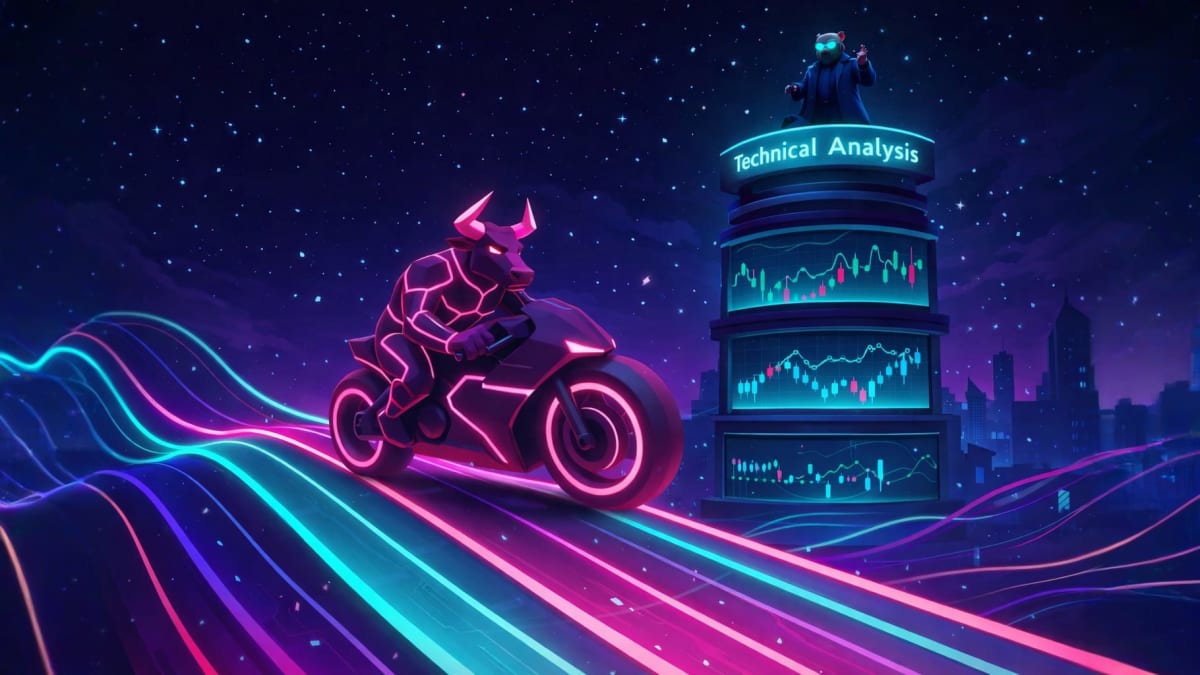 Low-poly neon bull riding a motorcycle past a Technical Analysis chart tower, representing candlestick charts, trend analysis, and technical trading.