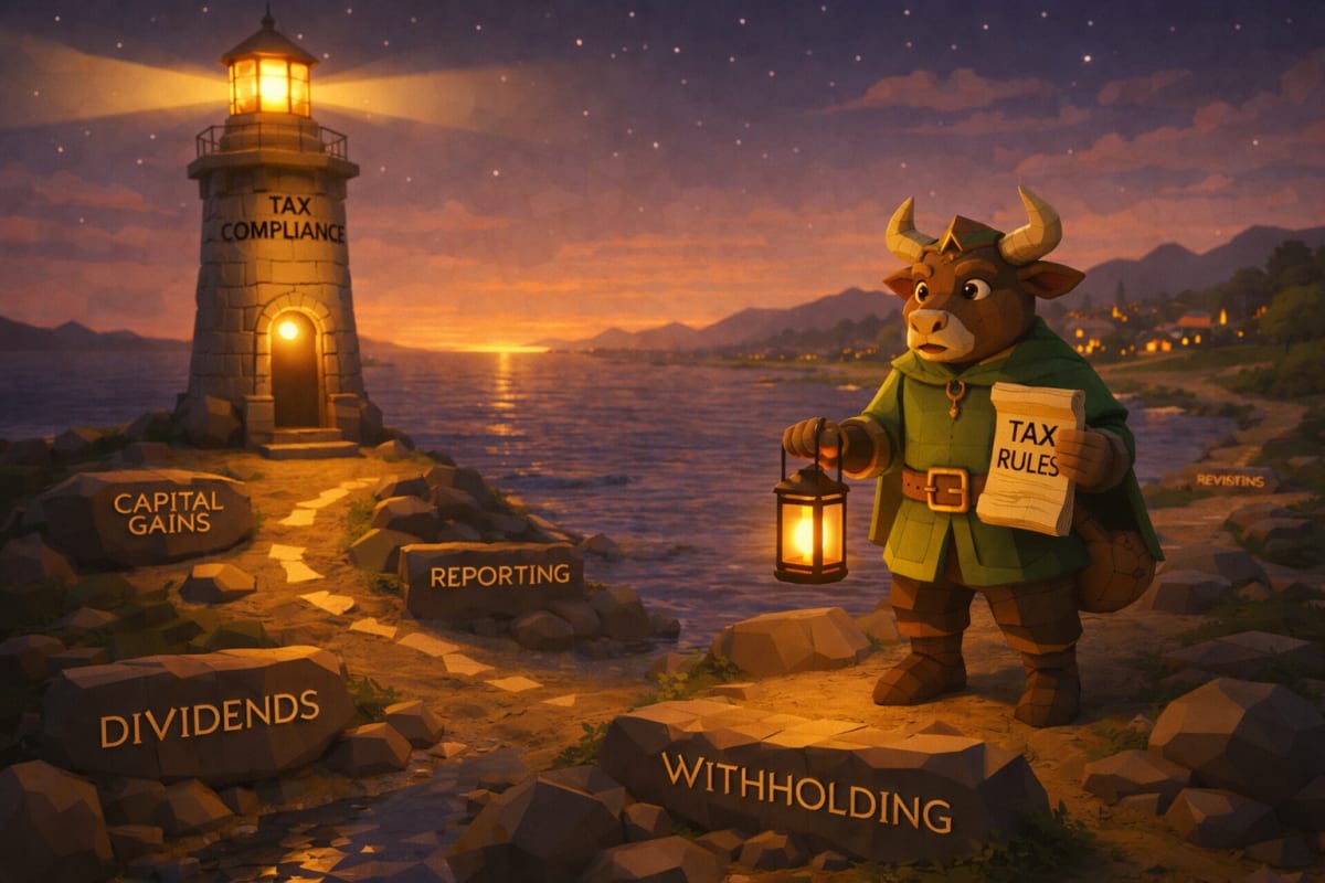 Low-poly bull navigating tax documents and legal symbols, representing investing taxes, financial regulation, and compliance basics.