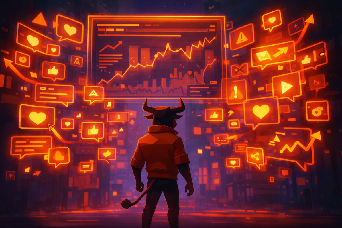 Low-poly bull investor watching a rising price chart surrounded by social media icons and alerts, representing market news, hype cycles, and trading sentiment.