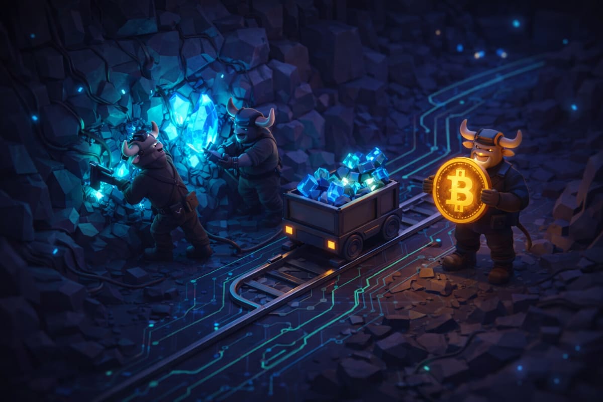 Low-poly bull miners extracting glowing crypto crystals and holding a Bitcoin coin in a digital cave, representing cryptocurrency investing and blockchain technology.