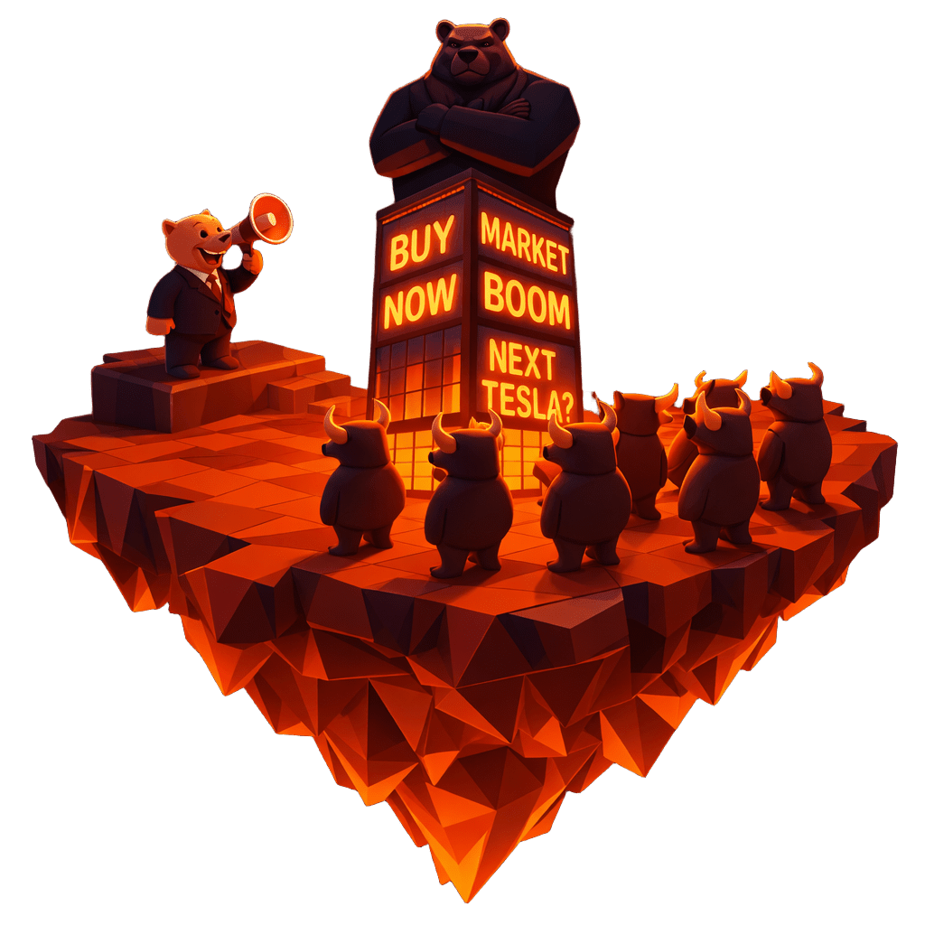 Low-poly bear with a megaphone beside a glowing “Buy Now” headline tower as a crowd watches, representing market news, hype cycles, and investor sentiment.