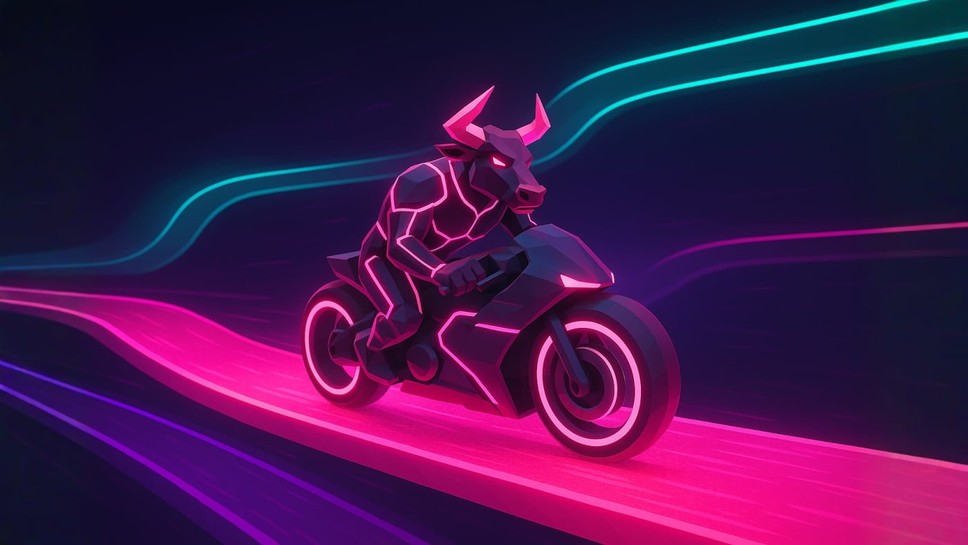 Low poly neon bull racing on a futuristic motorcycle along glowing pink and blue tracks, symbolizing fast market momentum, bullish trends, and high-speed price movement in financial markets