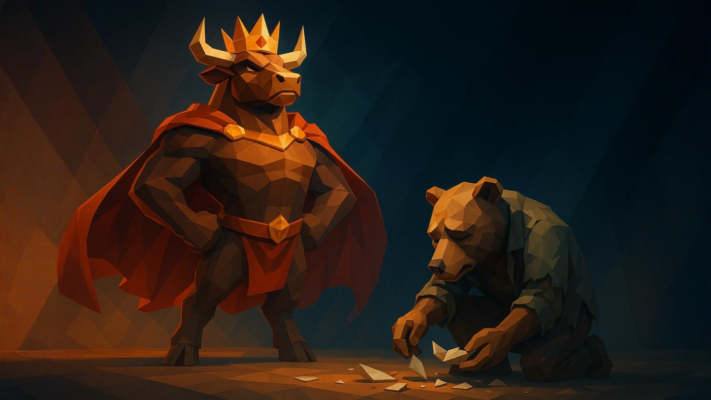 Low-poly crowned bull standing tall beside a defeated bear picking up broken pieces â€“ symbol of market victory and dominance