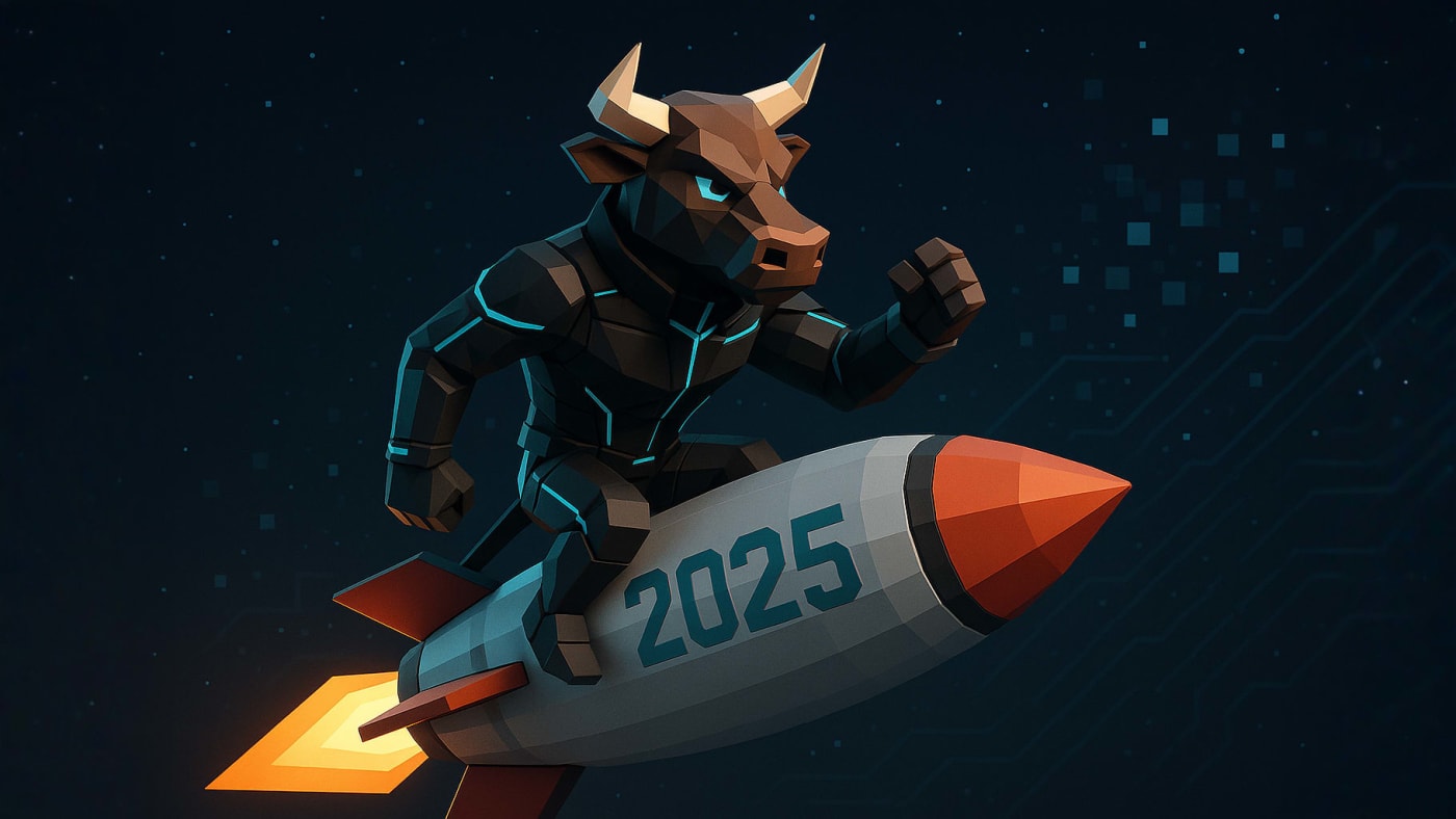 Futuristic bull riding a rocket labeled 2025 â€“ symbol of a strong bullish market