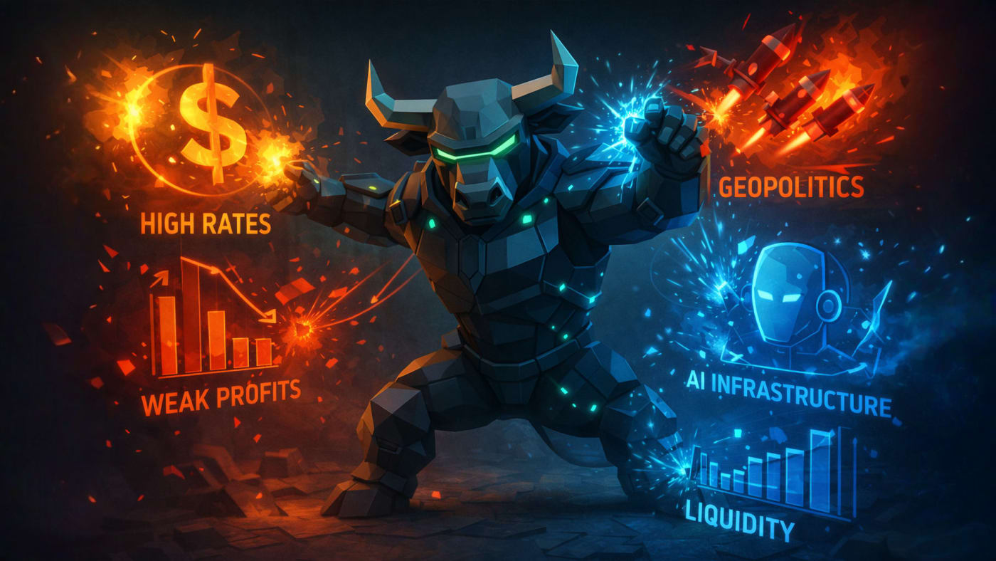 Low-poly 3D bull confronting five market forces shaping stock markets in 2026