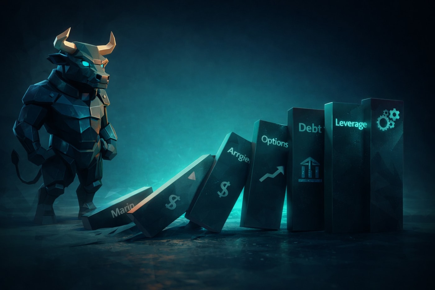 Low poly bull observing falling domino blocks labeled margin, options, debt and leverage during market selloff