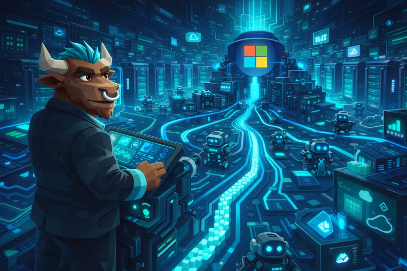 Stylized low-poly illustration of a bull investor inside a futuristic AI server room, symbolizing Microsoft Azure powering artificial intelligence infrastructure and enterprise cloud computing.