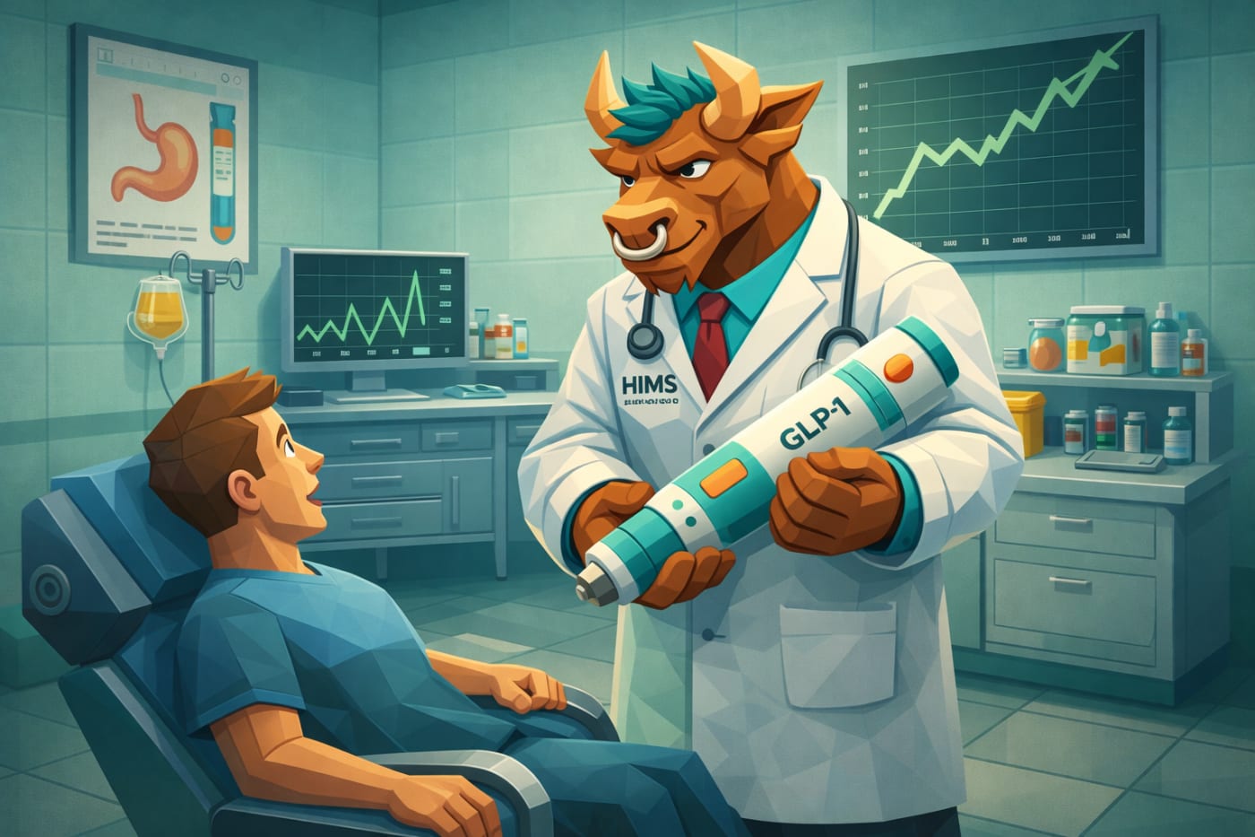 Low-poly, gaming-inspired hospital scene featuring the Stoxcraft bull as a doctor holding a large GLP-1 injector while consulting a patient, symbolizing Hims & Hers expanding into weight-loss treatments.