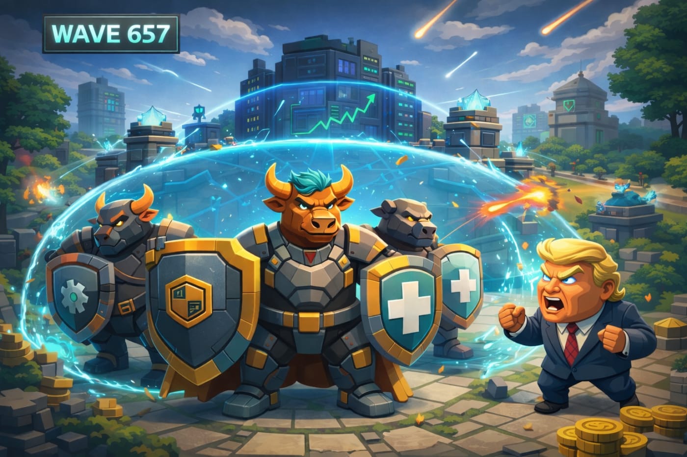 Low-poly, gaming-inspired tower defense scene showing bull “tank” characters forming a shield barrier against incoming threats, symbolizing how defense stocks protect portfolios during geopolitical uncertainty and market stress.