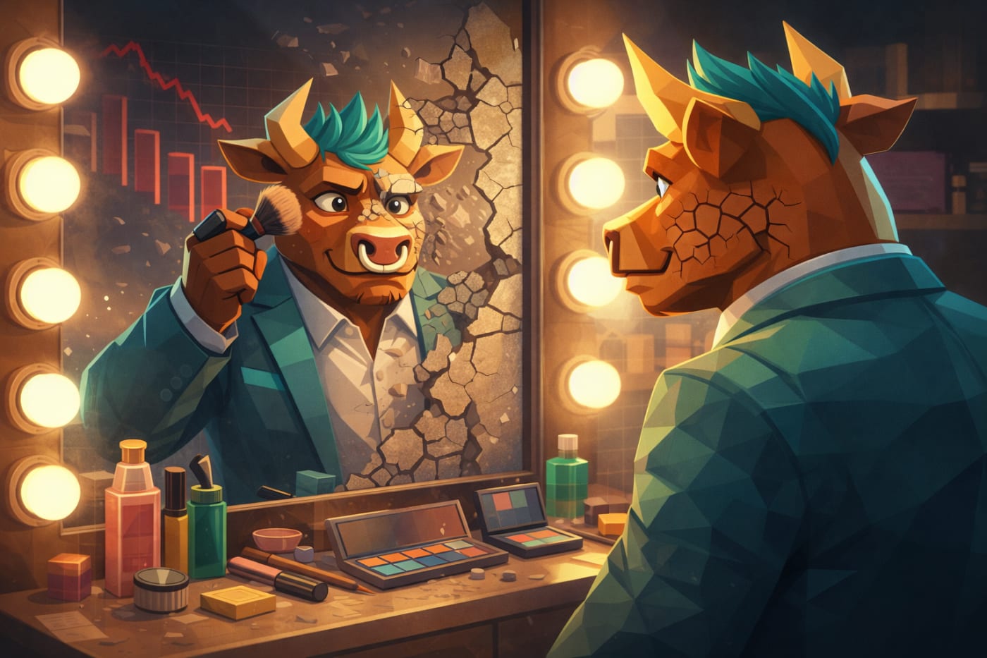Low-poly illustration of a bull character with turquoise hair looking into a mirror where its polished appearance starts to crack and crumble, symbolizing Ulta Beauty’s strong earnings overshadowed by market expectations and the sharp stock drop.