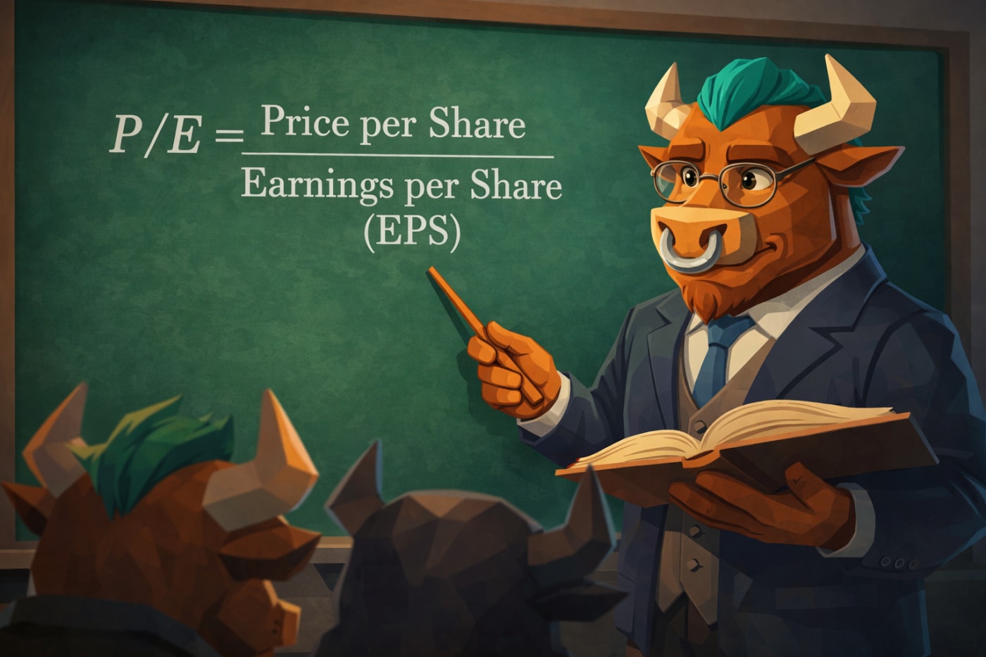 Low-poly illustration of a bull professor with turquoise hair explaining the P/E ratio on a chalkboard, showing the formula price per share divided by earnings per share in a clean, gaming-inspired classroom setting.