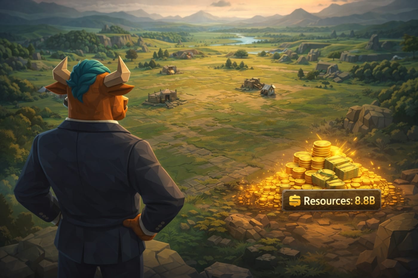 Low-poly, gaming-inspired scene showing a bull character overlooking an undeveloped strategy map with glowing cash resources labeled $8.8B, symbolizing GameStop’s capital and uncertainty around its next move.