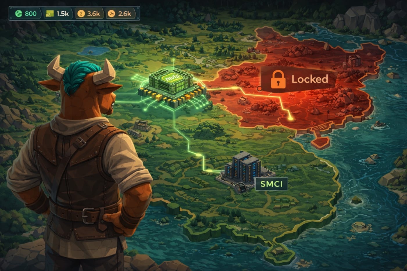 Low-poly, strategy game-inspired map showing a bull character overlooking connected regions with an Nvidia chip and SMCI servers, while a red “locked” zone represents restricted access to China, symbolizing disruptions in the AI chip supply chain.