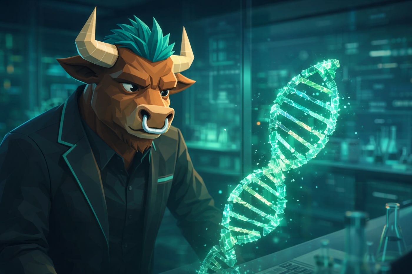 A focused bull analyzes a glowing DNA structure inside a futuristic lab, symbolizing the complexity behind biotech innovation. While most investors see uncertainty, the real value often lies in understanding what others overlook.