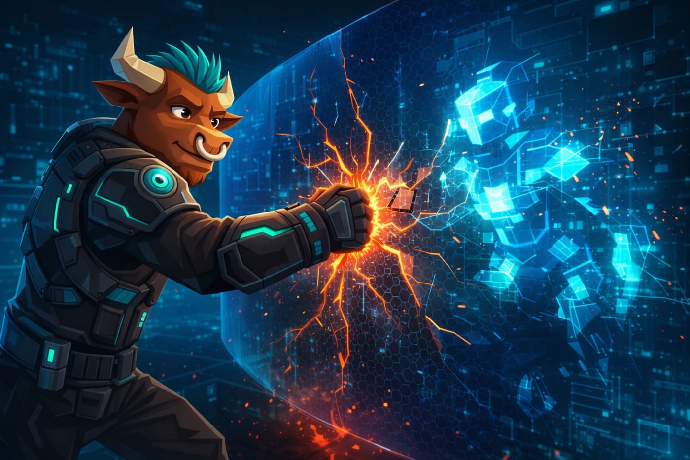 A consistent low-poly bull in a cyber armor outfit punches a cracked digital firewall, symbolizing how AI is disrupting traditional cybersecurity and reshaping CrowdStrike’s outlook