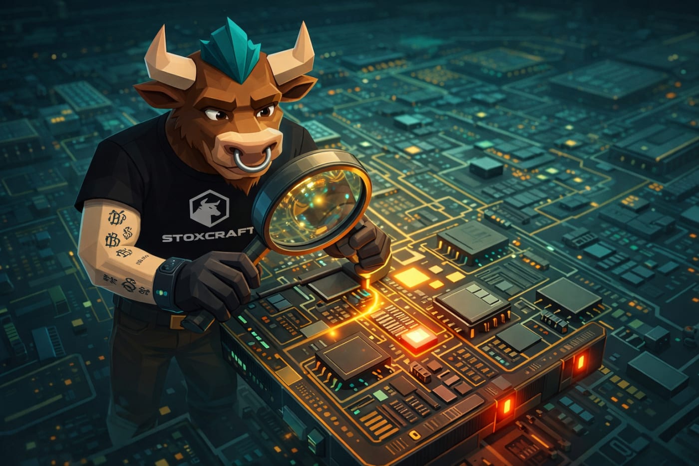 A stylized bull in a Stoxcraft shirt examines a semiconductor chip with a magnifying tool, highlighting how precision and quality control drive KLA’s competitive edge in advanced chip production.