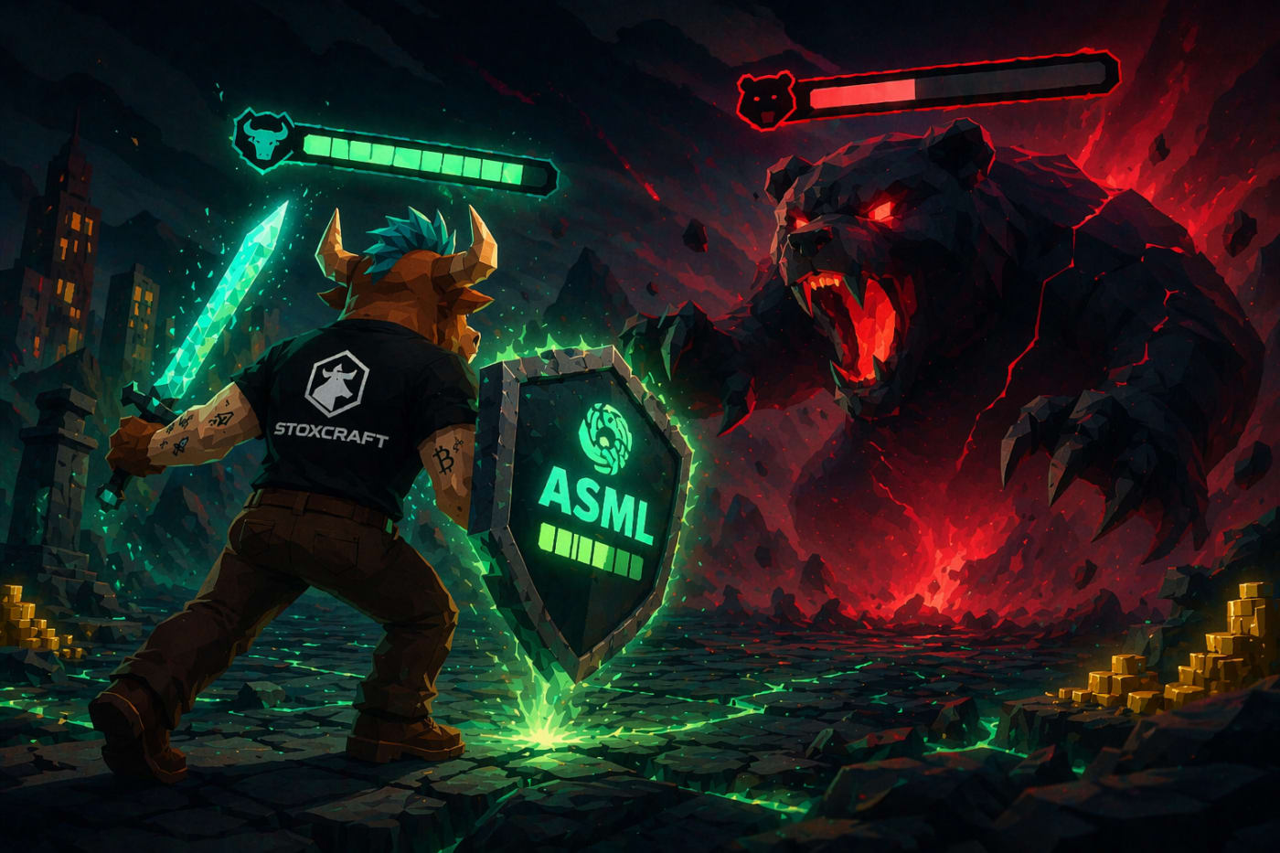 A bull confronts a shadow bear in a wide cinematic battle scene, with a strong green health bar highlighting ASML’s solid fundamentals despite negative market sentiment.