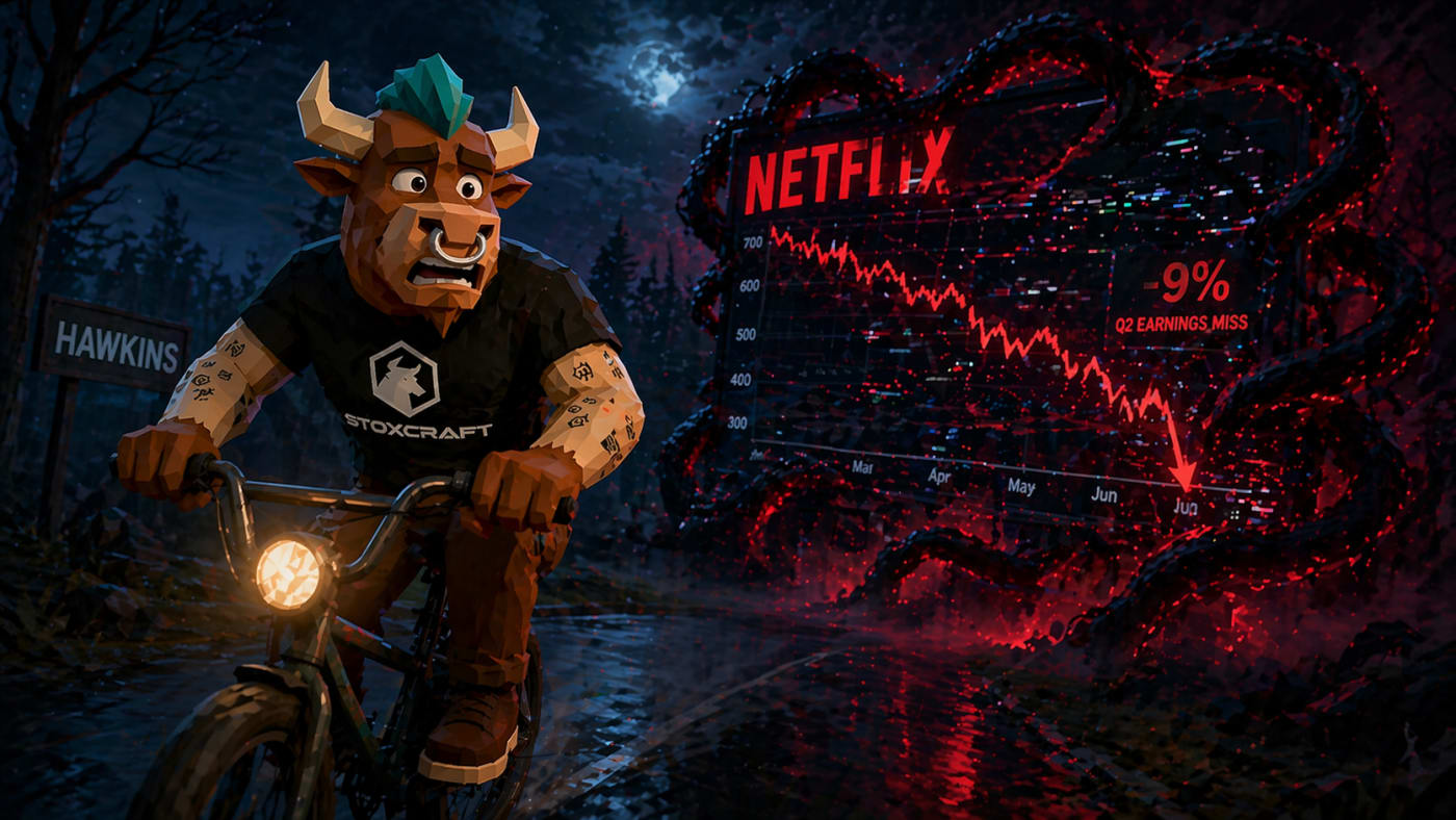 Low poly 3D scene of Toroshi, the Stoxcraft bull, riding a bicycle at night with a frightened expression while a distorted Netflix stock chart behind him is overtaken by shadowy tentacles, symbolizing the company’s sharp post earnings decline in a Strange