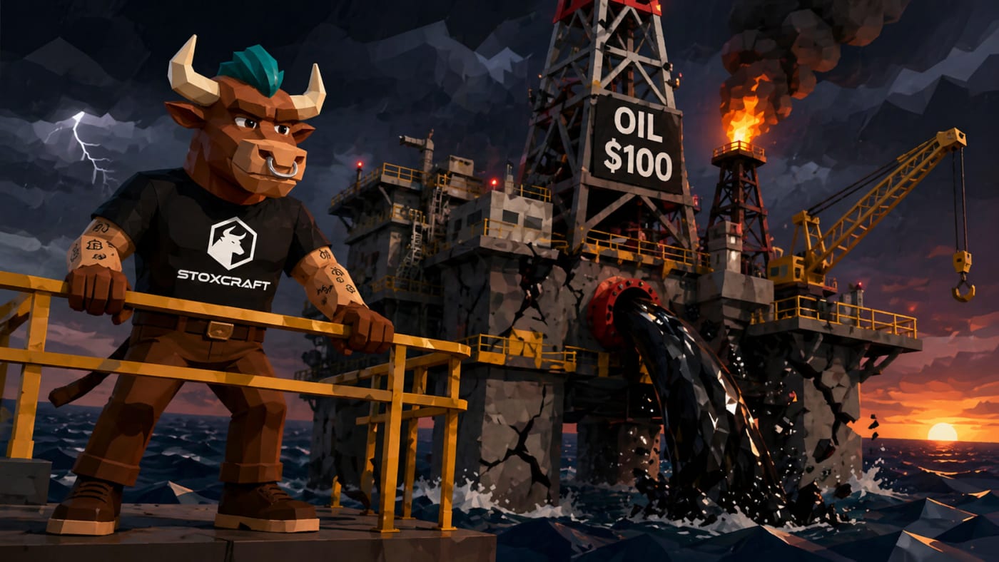 Oil at $100 energy sector risk scene with Stoxcraft bull mascot on unstable oil rig
